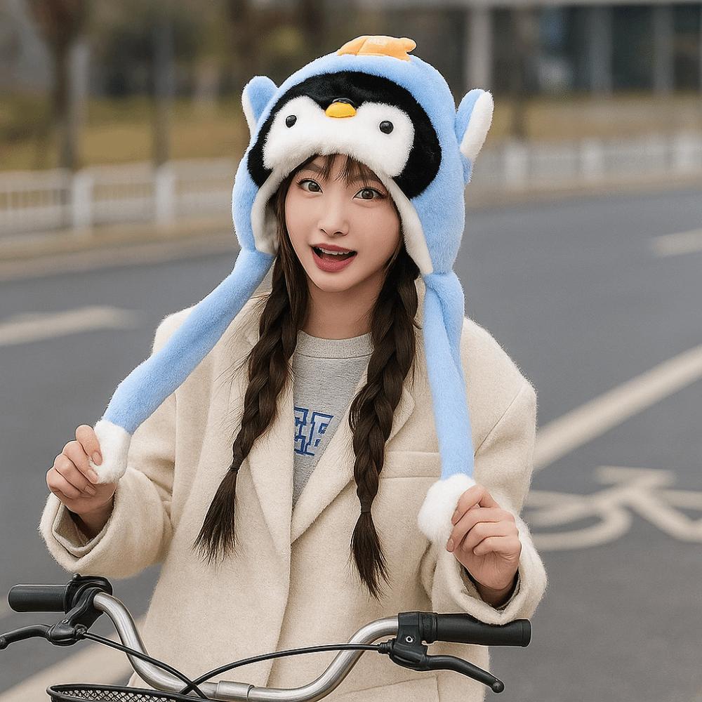Kawaii Fluffy Pullover Hat Windproof Warm Lei Feng Cap Sweet Penguin Ear Moving Hat Girls