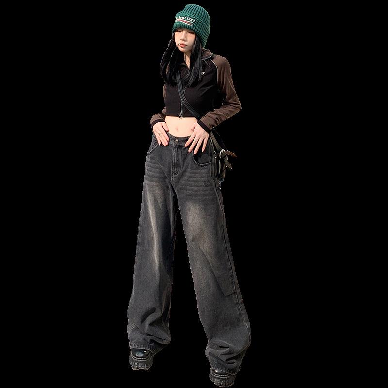 American Retro Velvet-Lined Wide-Leg High-Waist Women's Jeans for Autumn & Winter