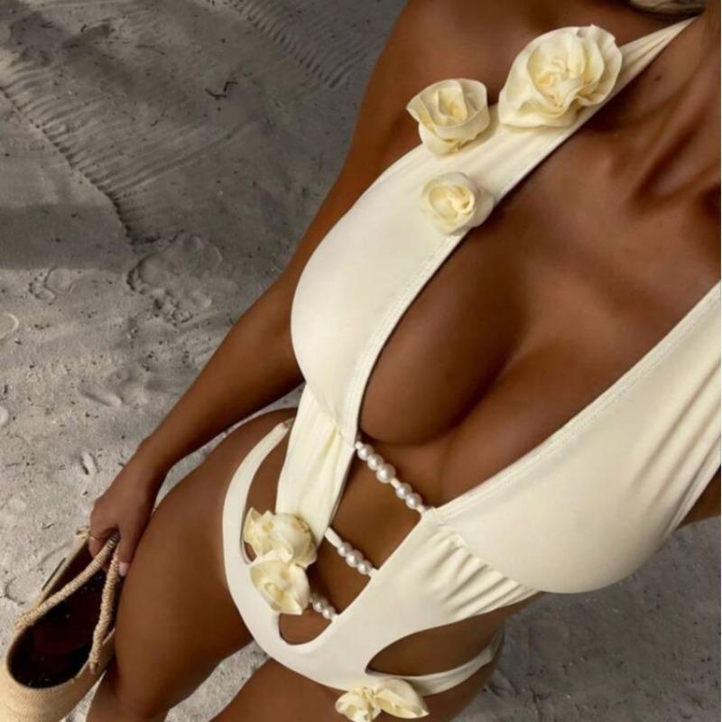 New Solid Color Neck Hollow Three-dimensional Flower Pearl with Chest Pad Women's Sexy One-piece Swimsuit Set