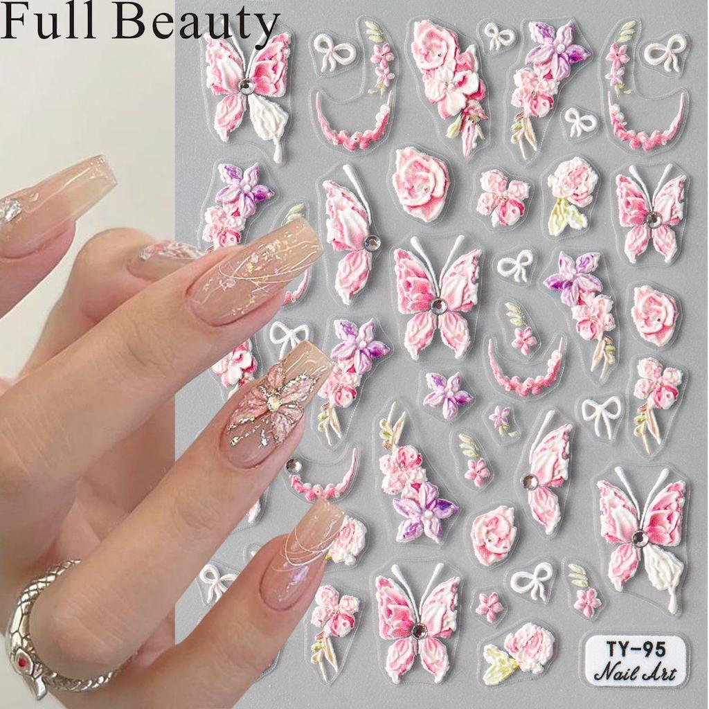 5D geprägte Nagelkunstaufkleber, rosa Blumen-Nagel-Abziehbilder, Gravur, florale Nagelschieber-Tipps