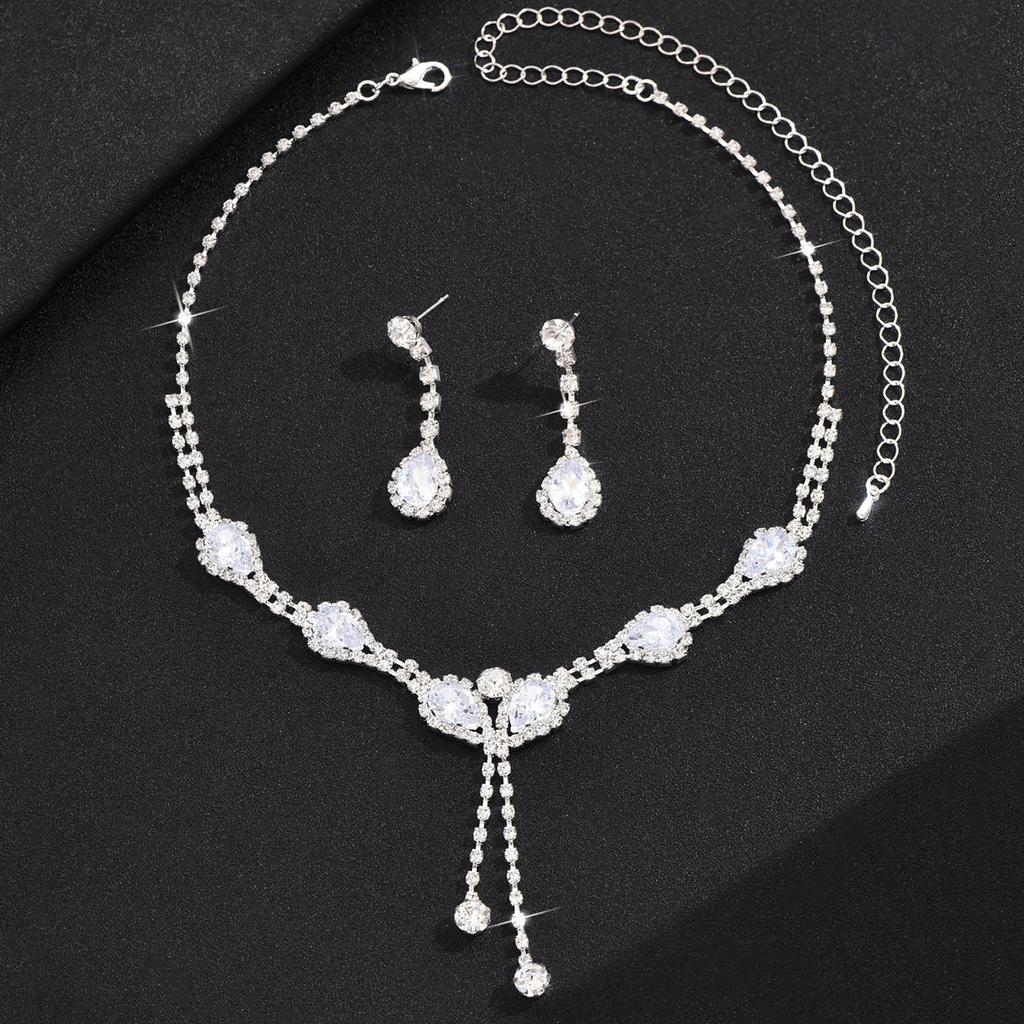 2026 Square Rhinestone Necklace Stud Earrings Women's Wedding Party Accessories Bride Two-piece Set