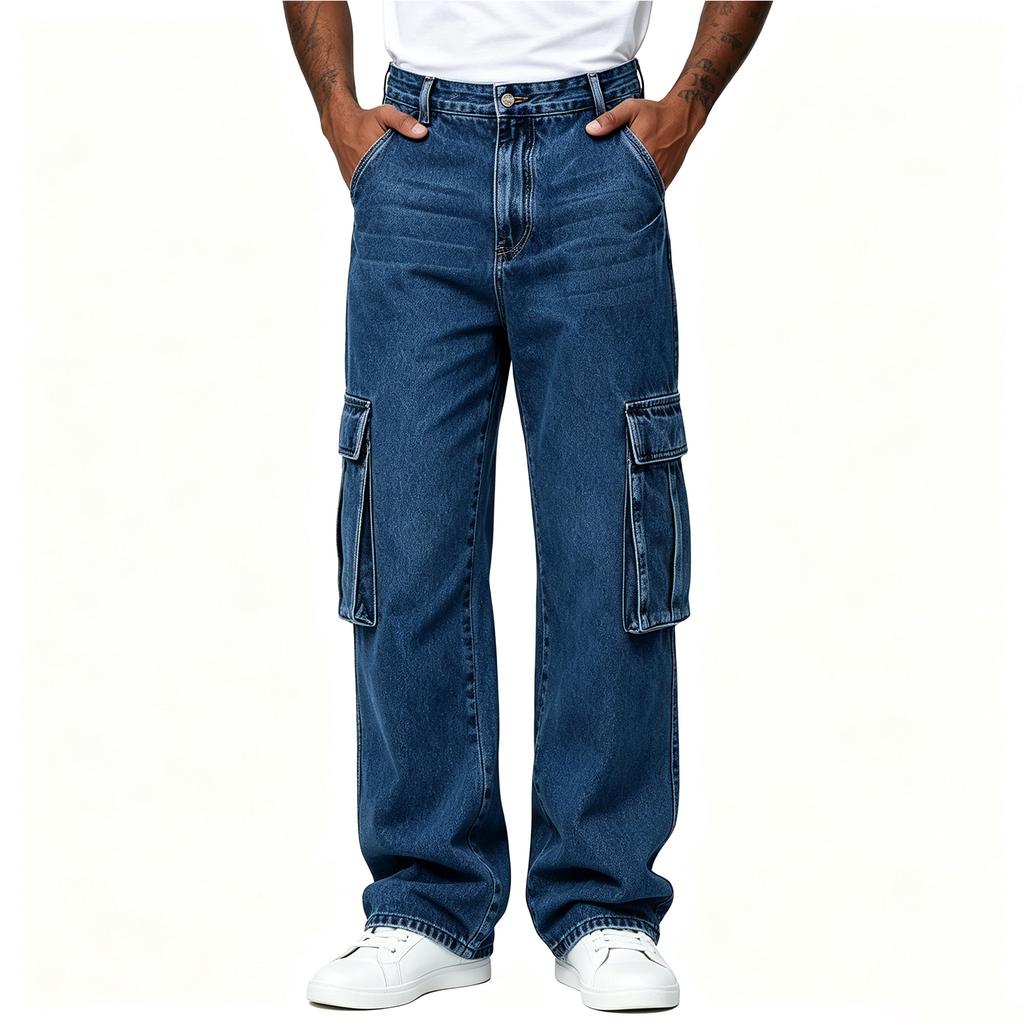 Men's Loose Fit Straight Leg Stretch Jeans with Multi-Pocket for Spring