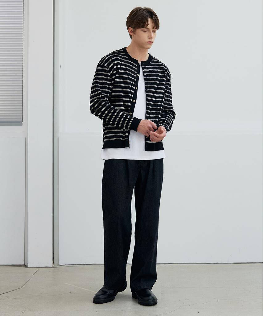 Nodu Block Stripe Round Knit Cardigan [Black]