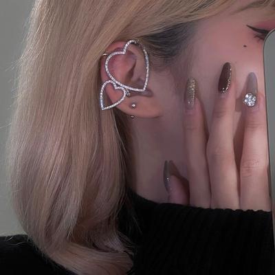 Double Rhinestone Hollow Heart Ear Cuffs Women Shiny Crystal Love Earcuff Fake Earrings No Piercing Ears Jewelry Bijoux