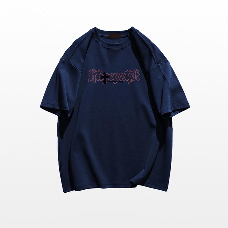 

American Retro Unisex Plus Size Short Sleeve T-Shirt: Summer Loose Fit Trendy High Street Style. L (101-115 lbs) темно-синього кольору