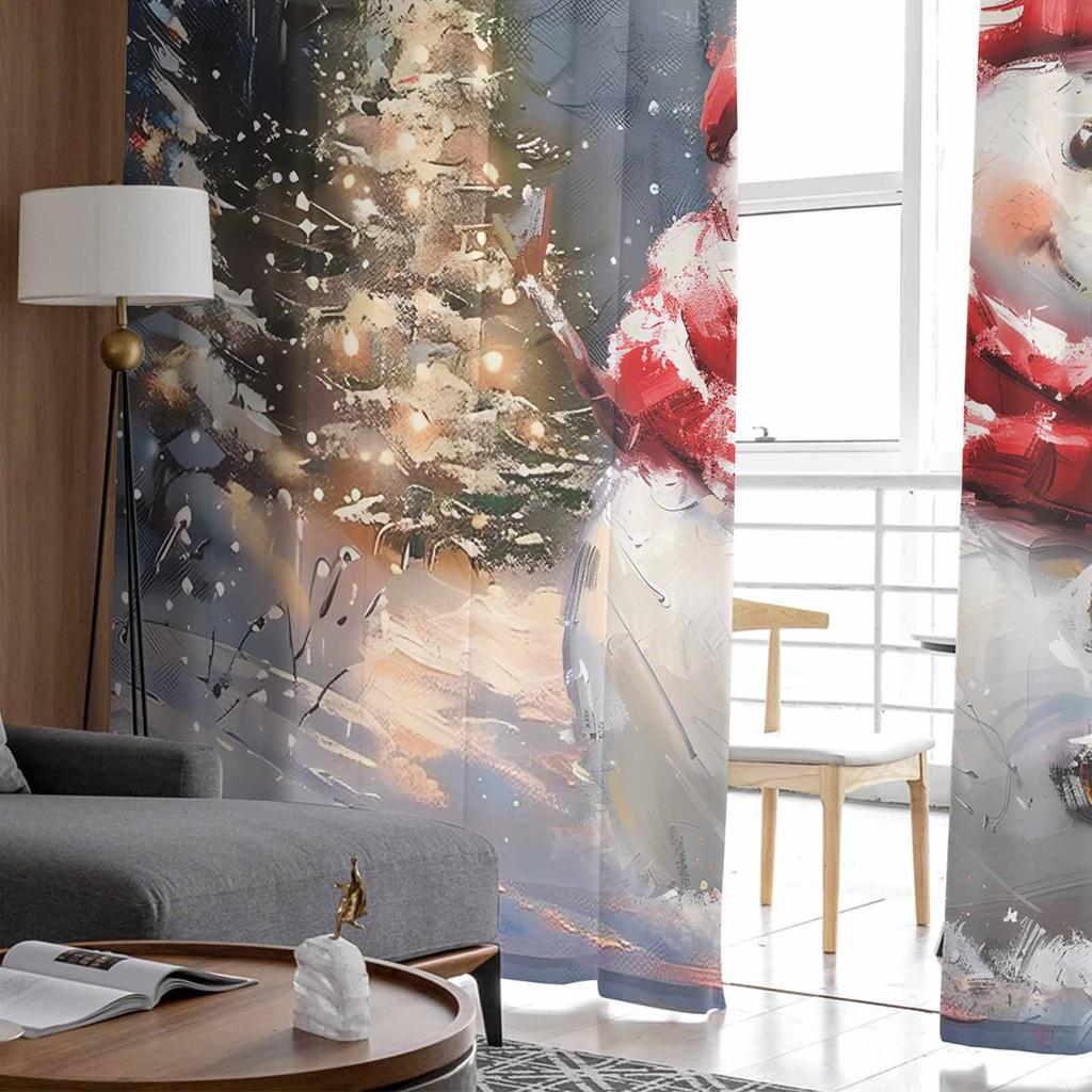 Christmas Tree Snowman Vintage Oil Painting Sheer Curtains Modern Gauze Curtain for Living Room Bedroom Voile Yarn Curtains