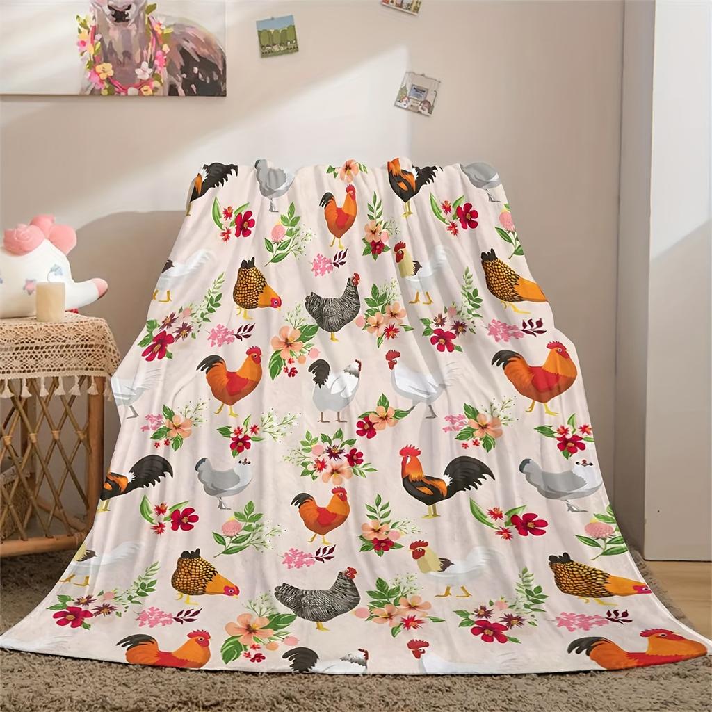 Colorful Chicken Floral Flannel Printed Blanket Suitable For All Seasons Suitable For Living Room Office Sofa And Travel