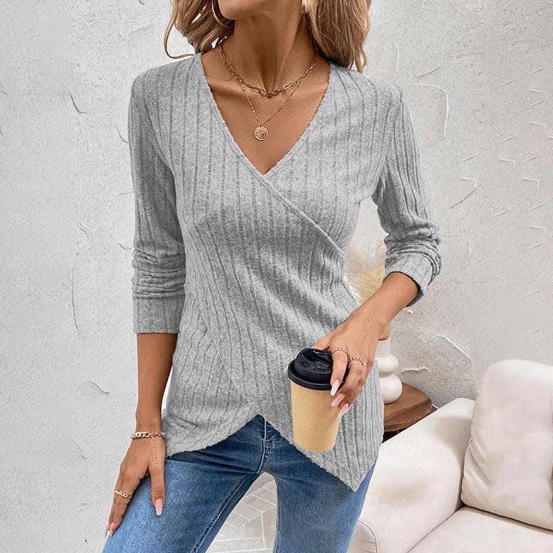 Women's Autumn and Winter Versatile Solid Color T-shirt Pit Strip Brushed V-neck T-shirt Top