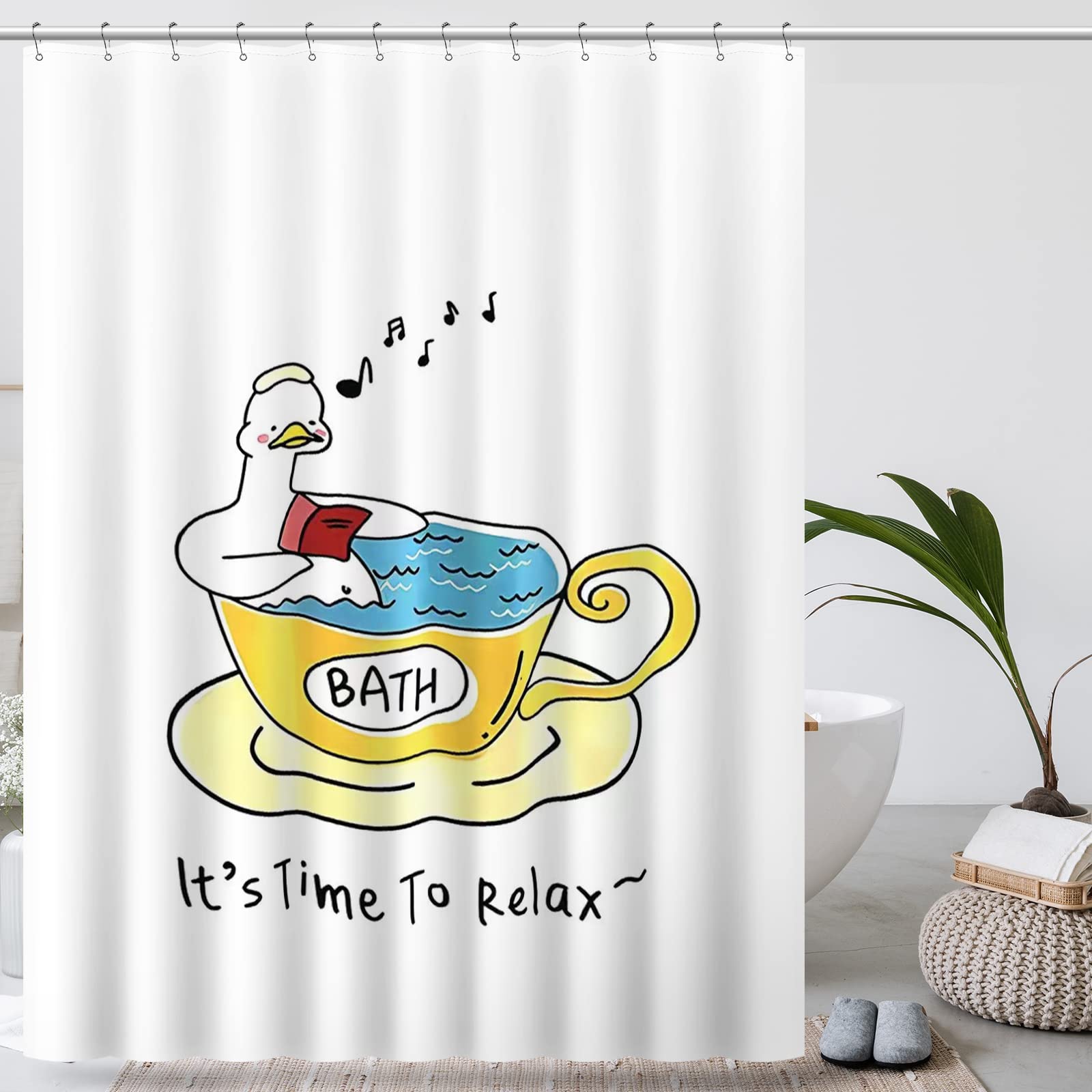 

Duck Shower Curtain Cartoon Character Taking A Bath Colorful Drops Backdrop Dots,Cloth Fabric Bathroom Curtains with Hooks W90xH180cm