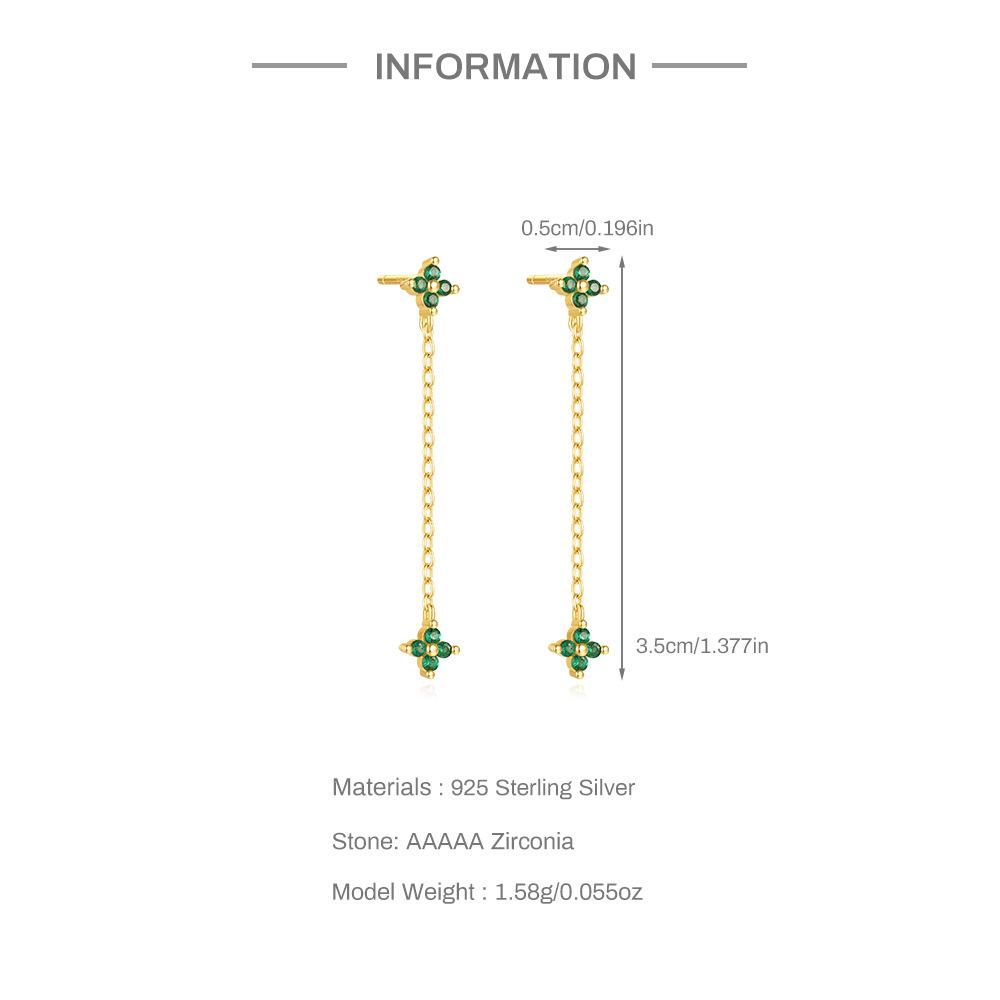 S925 Sterlingsilber Exquisite Vierblatt-Blume mit Fransen Stern Mond Ohrringe Kette Stecker Ohrringe Damen Lange Dünne Ohrringe