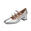 Elegant Thick Heel Square Head Mary Jane Shoes Fairy Style Gentle Single Shoes Children Spring and Autumn 2025 New Silver Double Buckle Belt