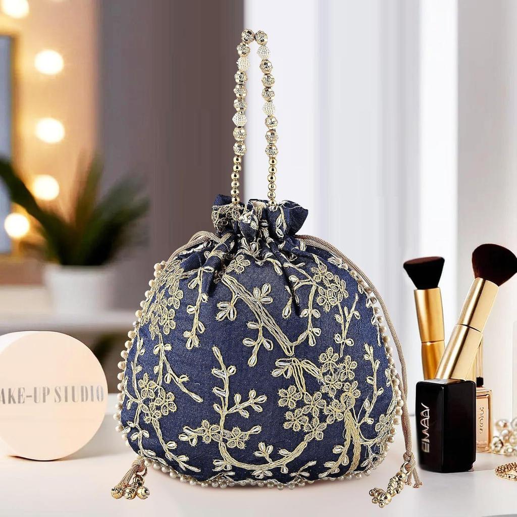 Potli tašky pro dámy a dívky | Dámské šagunové pouzdra pro sváteční období | Batwa taška svatební peněženka s výšivkou - Tmavě modrá