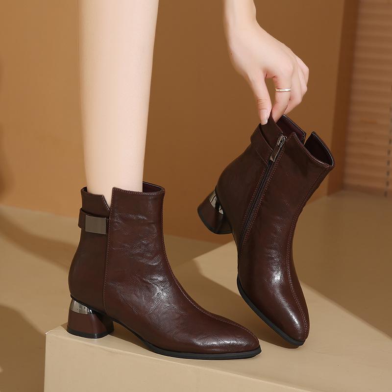 Autumn Winter New Women's Ankle Boots Sexy Pointed Toe Side Zipper Mid-heels Shoes Woman Fashion Office Trend Modern Boots