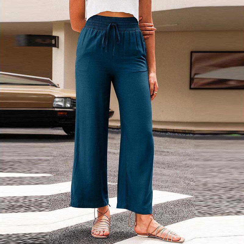 

2024 Early Autumn Thin Type Drawstring Casual Pants Women s Fashion Style Fashion All-Match Smocking Wide Waist Head Ladies Wide Leg Pants Blue Size XS fit (35.00 kg-45.00 kg