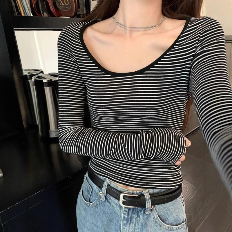 Womens Slim Fit Long Sleeve T Shirt Casual Striped Color Block Top Basic Crew Neck Fall