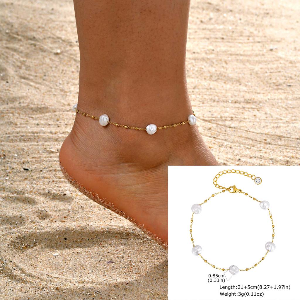 Waterproof Pearl Anklet, Stainless Steel Anklets Beads Link Chain Adjustable, Fashion Jewelry for Women Mom Wife Girlfriend