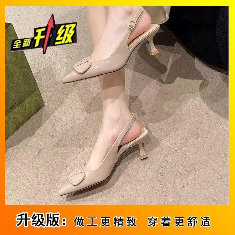 New thin heel black patent leather high heels pointed head with bag head sandals women's summer wear