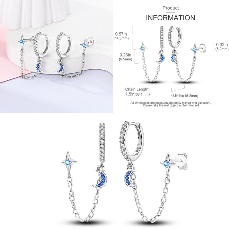 Sparkling Blue Zircon Hoop Earrings Pave U Shape Star Devil Eyes Circle S925 Drop Earring Fit Original Party Jewelry