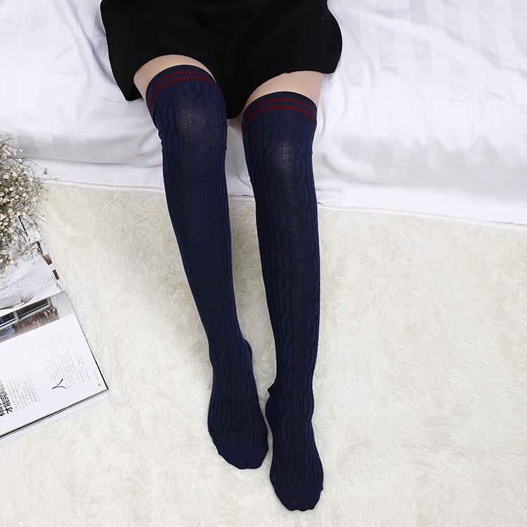 Winter Two-Stripe Cable Knit Over-the-Knee Cotton Socks - Slimming Korean Academy Style Scrunch Socks for Women