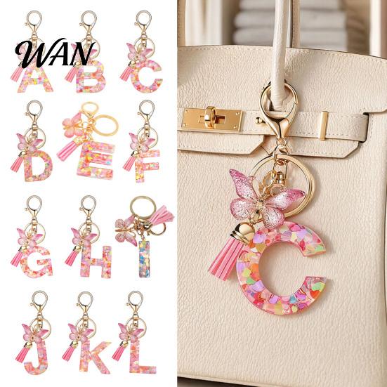 Pocket Keychain Pink Series Pendant, Sequins Heart Initial Letter Charm Key Chain with Everyday Carry Butterfly Tassel Design, A-Z Holder for