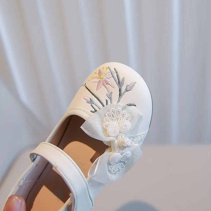 Girls Flats Shoes with Mesh Knot Children Embroidered Leather Shoes for Party Wedding Kids Elegant Temperament Princess Shoes