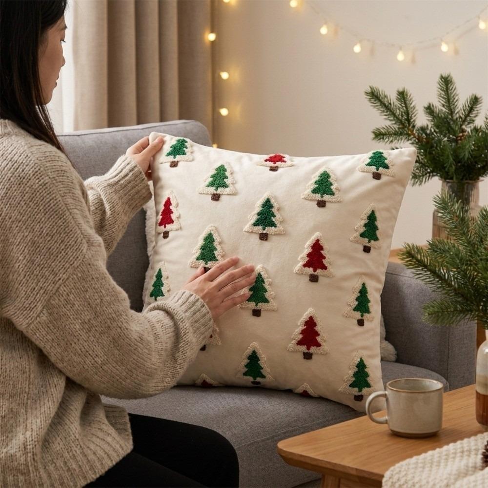 Velvet 3D Colorful Christmas Tree Throw Pillow Covers Embroidered Soft Cushion Covers Plush Vintage Pillow Case Living Room