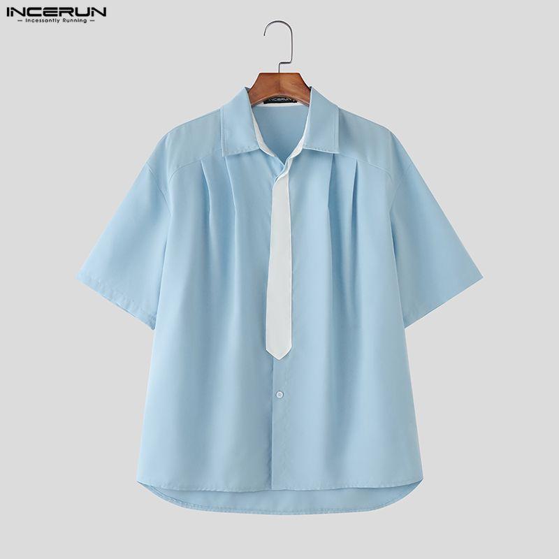 INCERUN Oversized Men Lapel Neck Short Sleeve Stitching Casual Loose Shirts