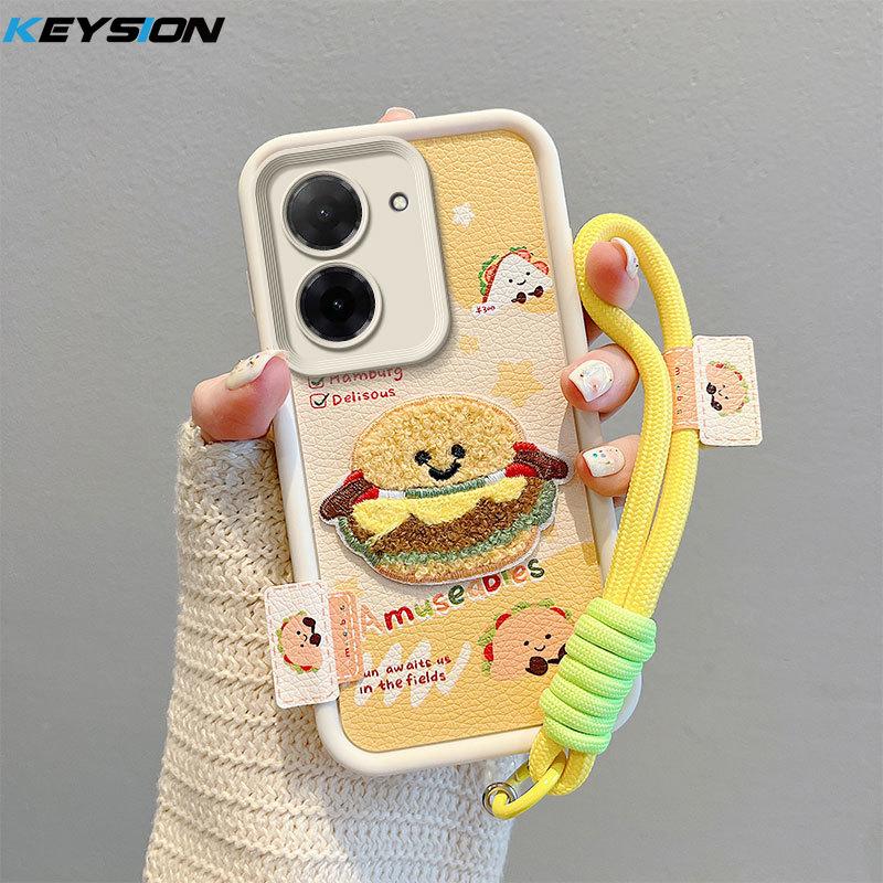 KEYSION Cartoon Cute Plush Embroidery Case for Xiaomi POCO C71 with Lanyard Soft Silicone Shockproof Phone Cover for Redmi A5 4G