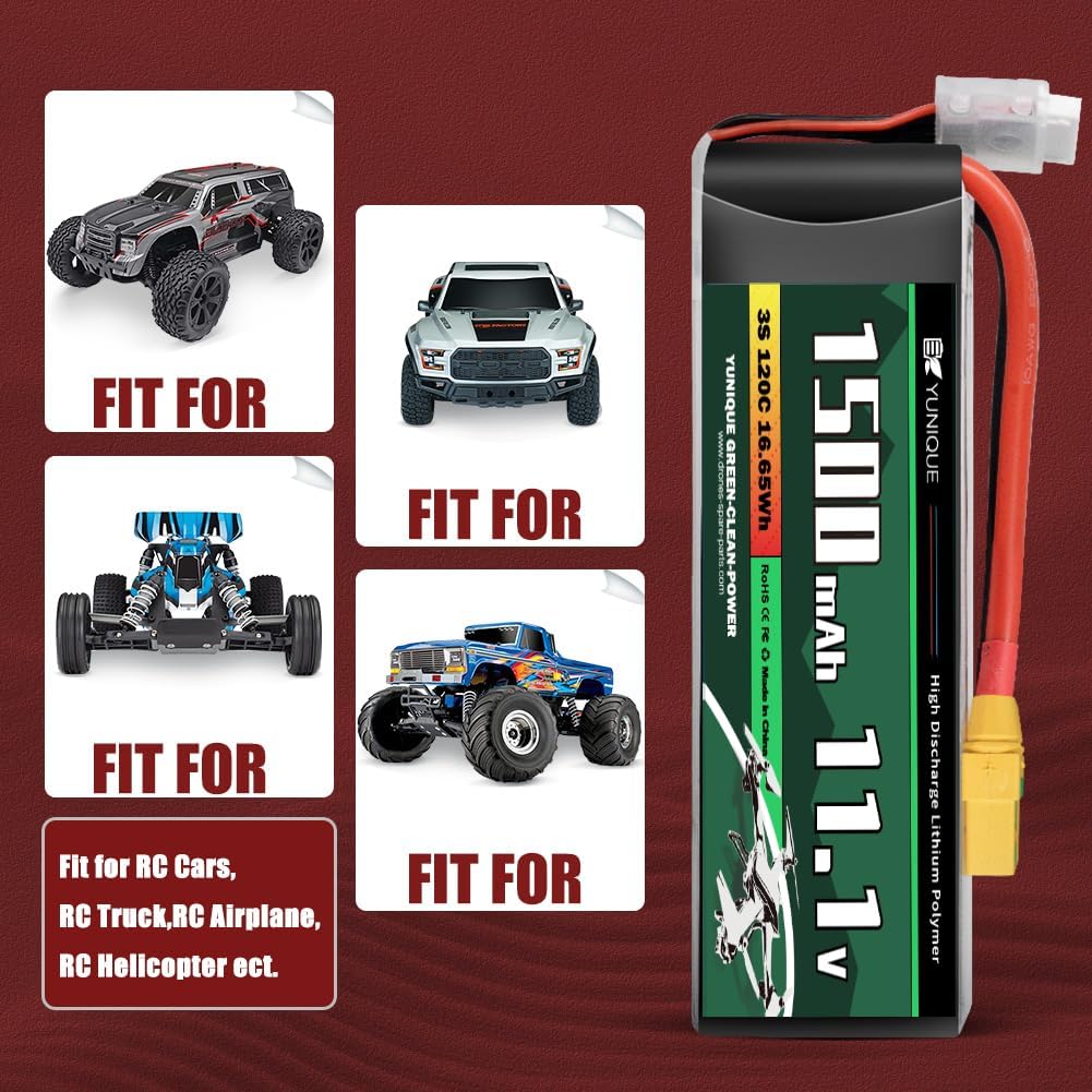Lipo-batteri 3S 11,1V 1500mAh 120C med XT60-kontakt – Hög effekt för RC-modeller – Mjukt hölje, Silikonkabel