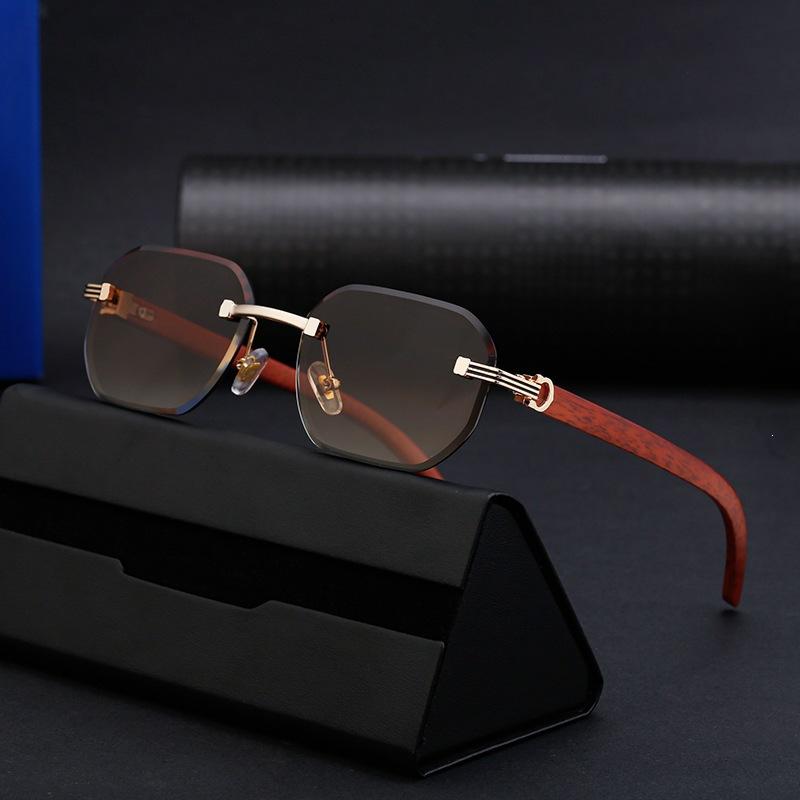 Diamond trimmed rimless glasses men's European and American retro imitation wood grain glasses legs sunglasses UV protection personalized sunglasses