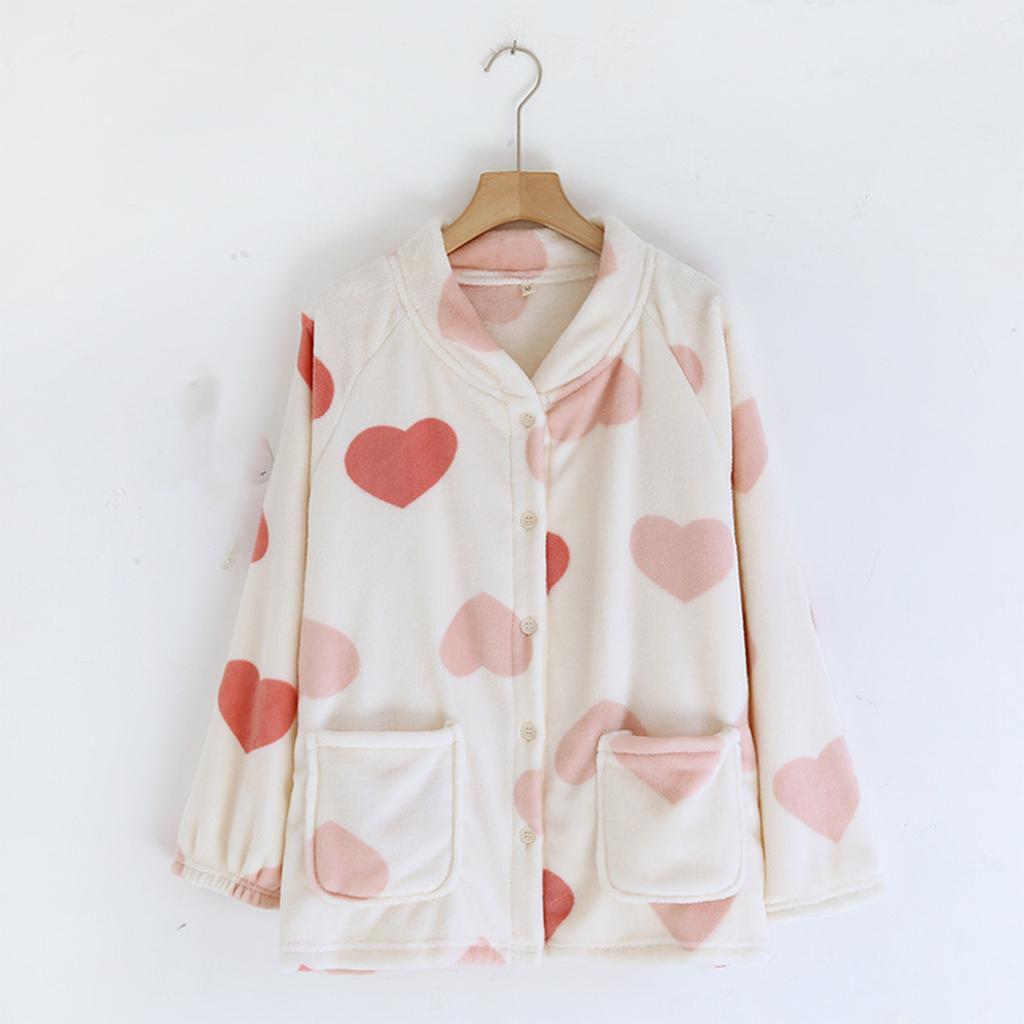 Women's V-Neck Cardigan Pajama Top Long Sleeve Thick Loose Fit Loungewear Sleep Shirt