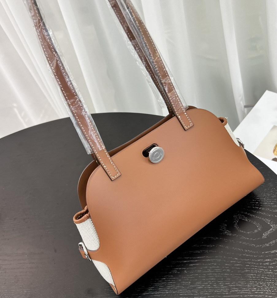 New First-layer Cowhide Splicing Canvas Tote Bag Shell Bag Retro Underarm Bag Shoulder Handbag Women