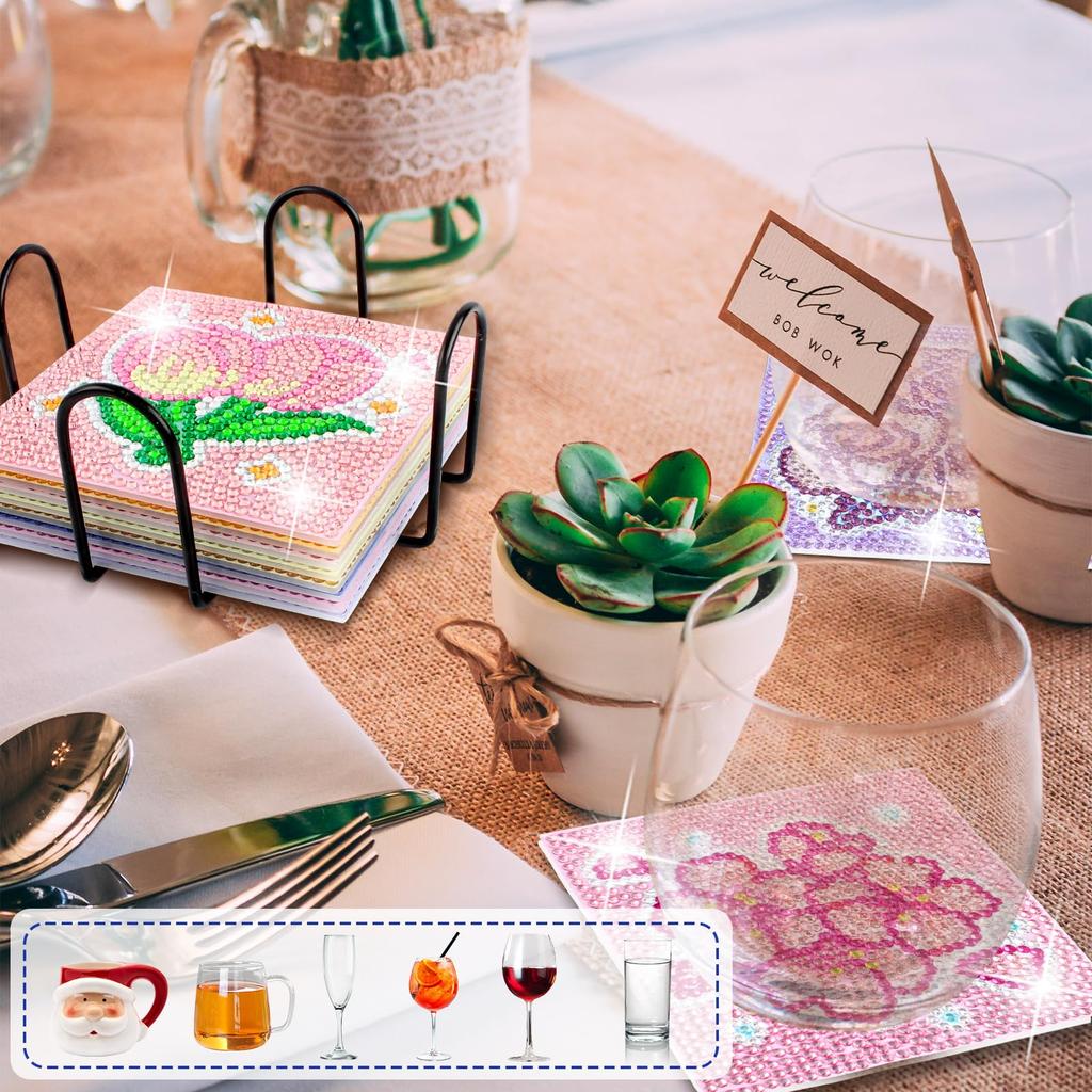 LUCKYBEE Diamond Art Coaster Kit, Flower Bead Art Set, 5D Diamond Painting Kit, DIY Diamond Painting with Holder, Craft Kit for Beginners, Adults,