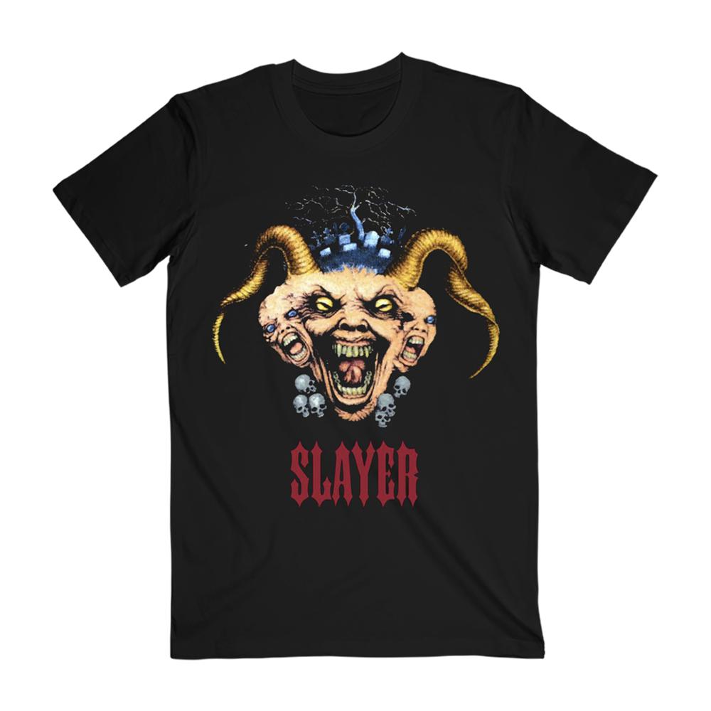 Mroczna Koszulka Graficzna Slayer – Czerwone Logo i Nadruk Czaszki/Orła Antysymbol Bawełniana Odzież dla Fanów Thrash Metalu