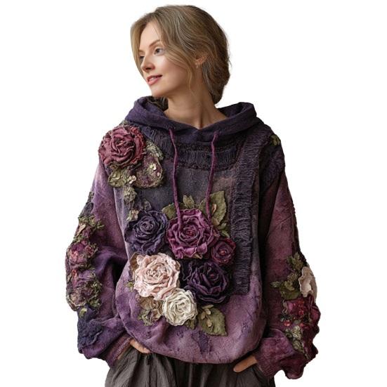 Damen Vintage Böhmischer Blumen-Hoodie Lässiges Langarm-Kapuzensweatshirt mit Tasche Übergroßer Blumen-Kunstdruck Pullover Tops