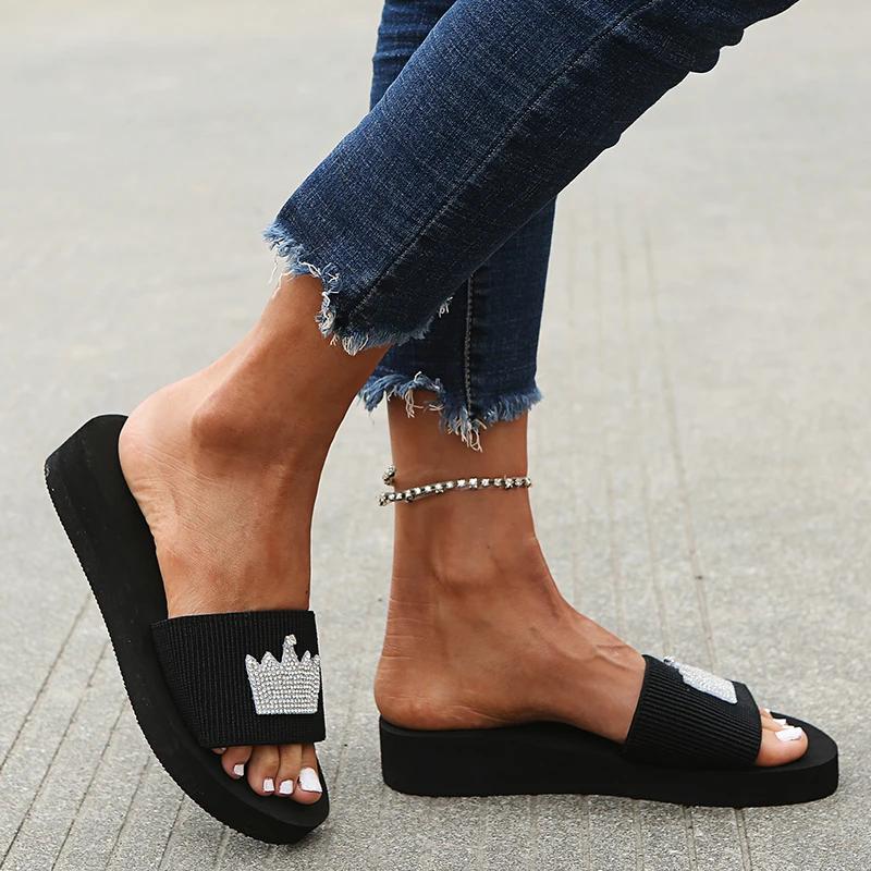 Fashion Summer Slippers with Sequins Decor for Women 2025 Stylish Wedges Platform Slides Woman Daily Outside Soft Bottom Sandals Mujer