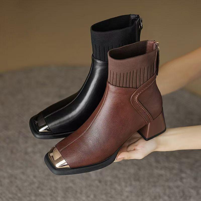 New Women Short Boots Back Zip Zipper Luxury Designer Ladies Rubber High Heel Fashion Pointy Ankle Boot Pointed Toe PU Meta