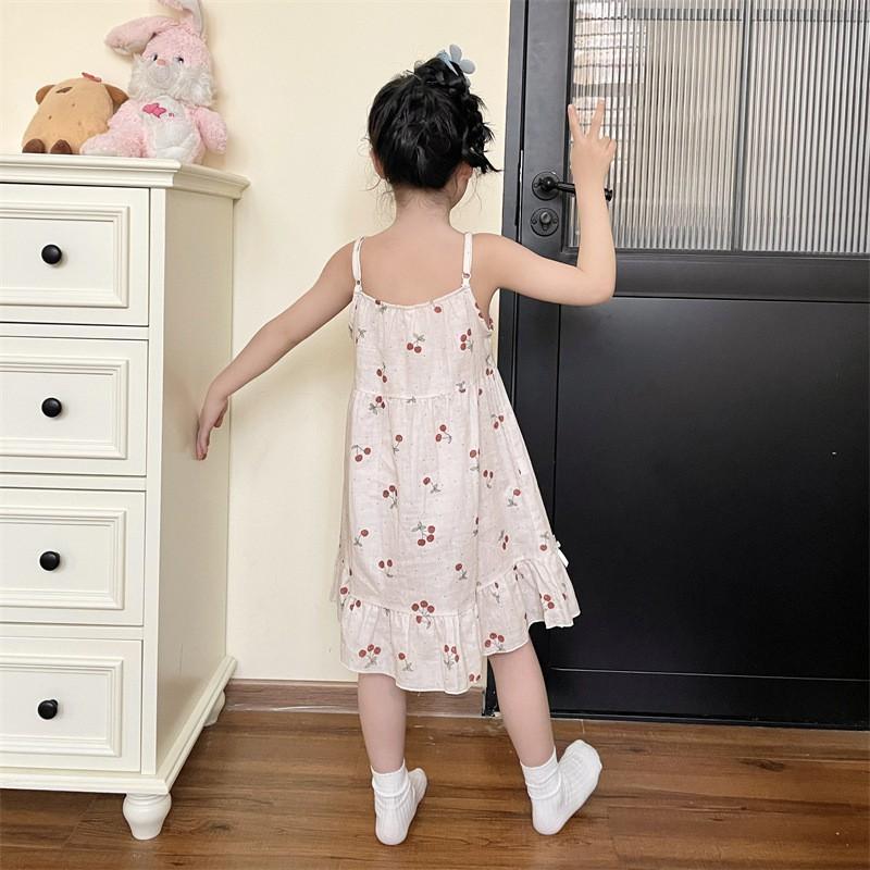 Girls Cotton Gauze Nightdress Sleeveless Sleepwear Cartoon Print Lightweight Home Dress Kids