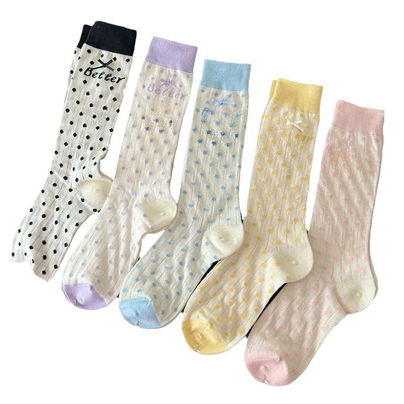Women's Spring and Summer Thin Mid-calf Socks with Bow Polka Dot Lace White Lolita