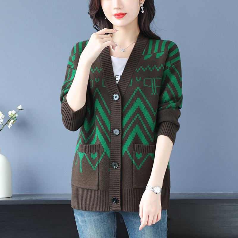 Autumn New Knitted Cardigan Women's New Loose Autumn Top Large Size V-neck Sweater Jacket