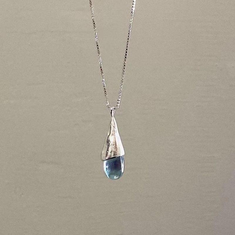 Foxanry Blue Water Drop Opal Pendant Necklaces for Women Simple Gentle Classic Elegant Clavicle Chain Engagement Jewelry Gifts