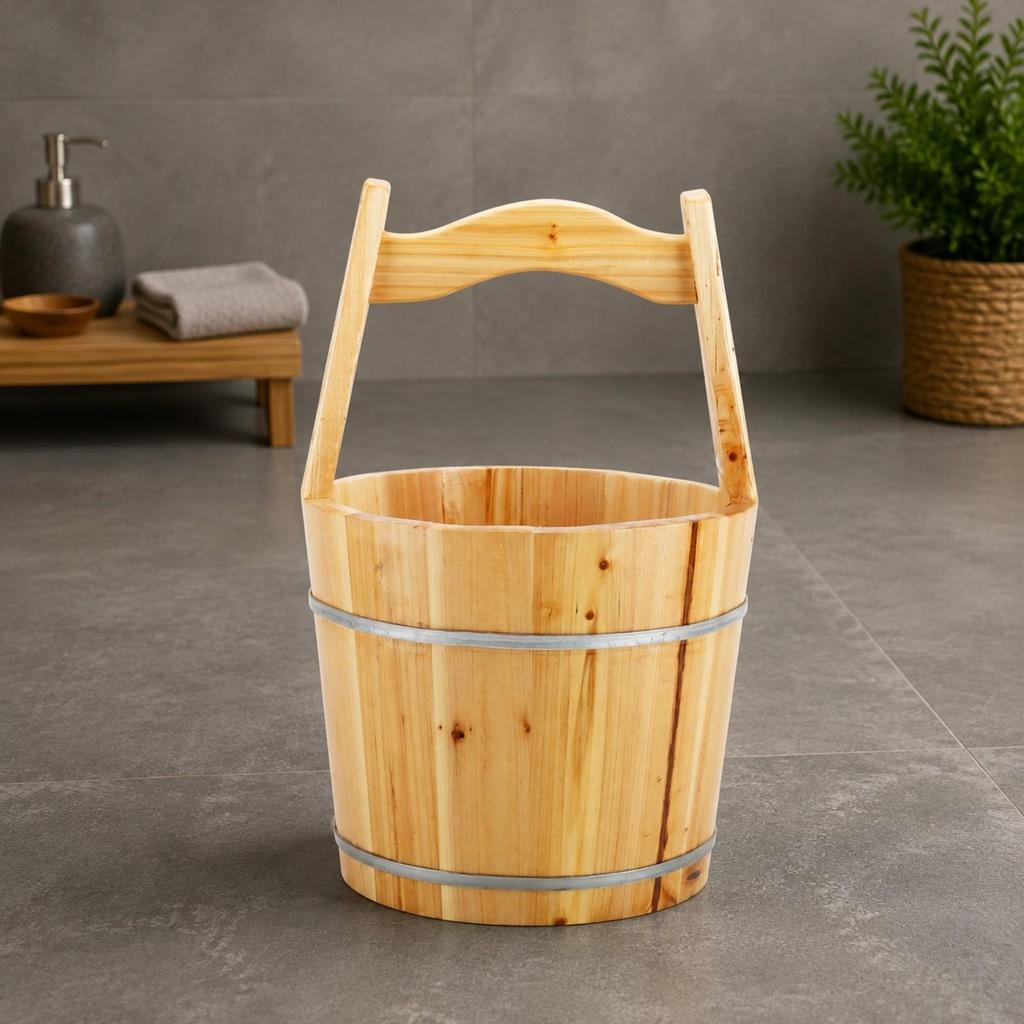 Tapered Wooden Water Bucket Rustic with Carrying Handle