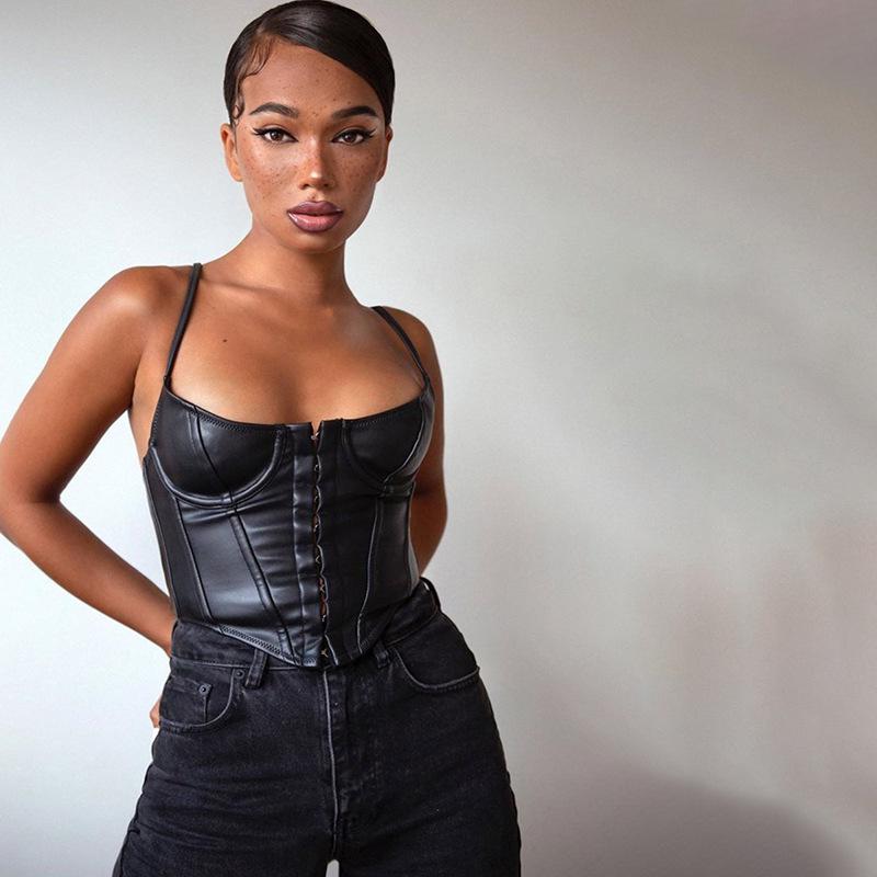 Slim U-Neck Leather Buttoned Vest for Women - Autumn/Winter