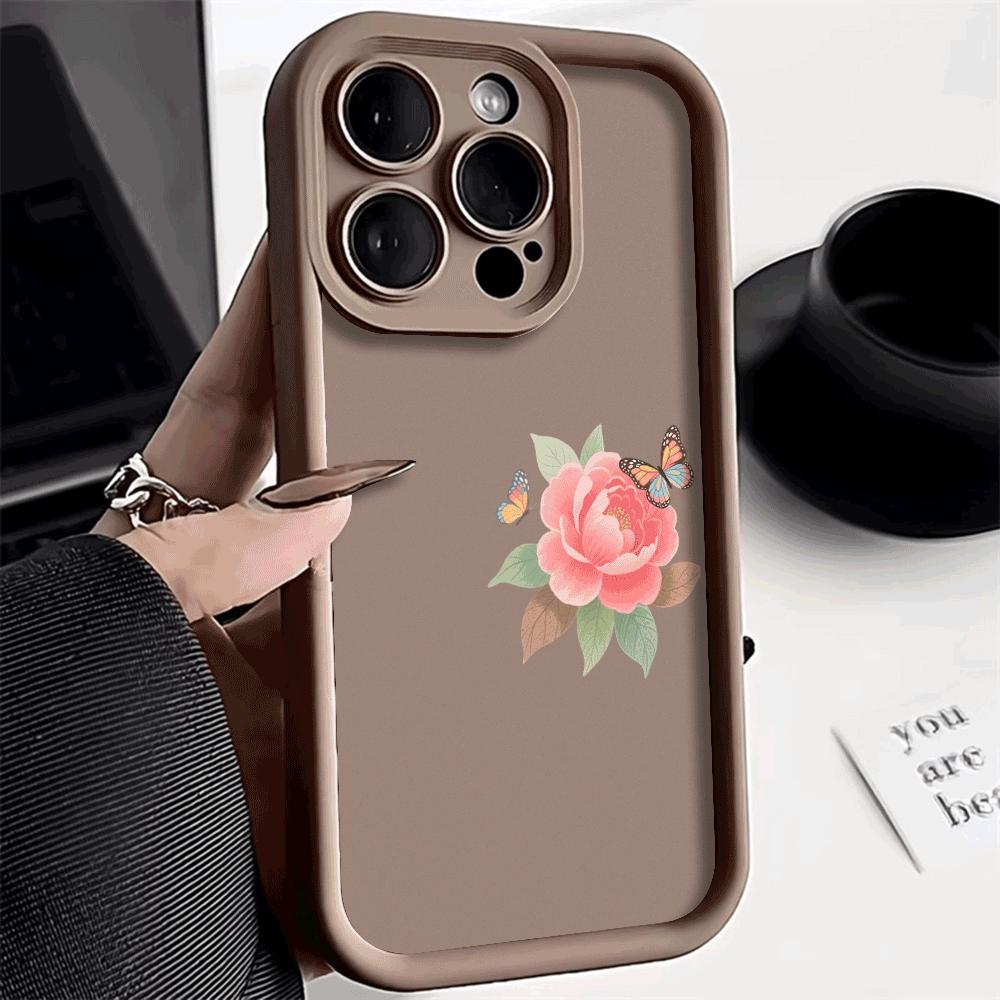 Pink Flower & Butterflies on Side Soft TPU Phone Case for iPhone 16 15 14 13 12 11 Pro Max Plus Shockproof Anti-Slip Cover
