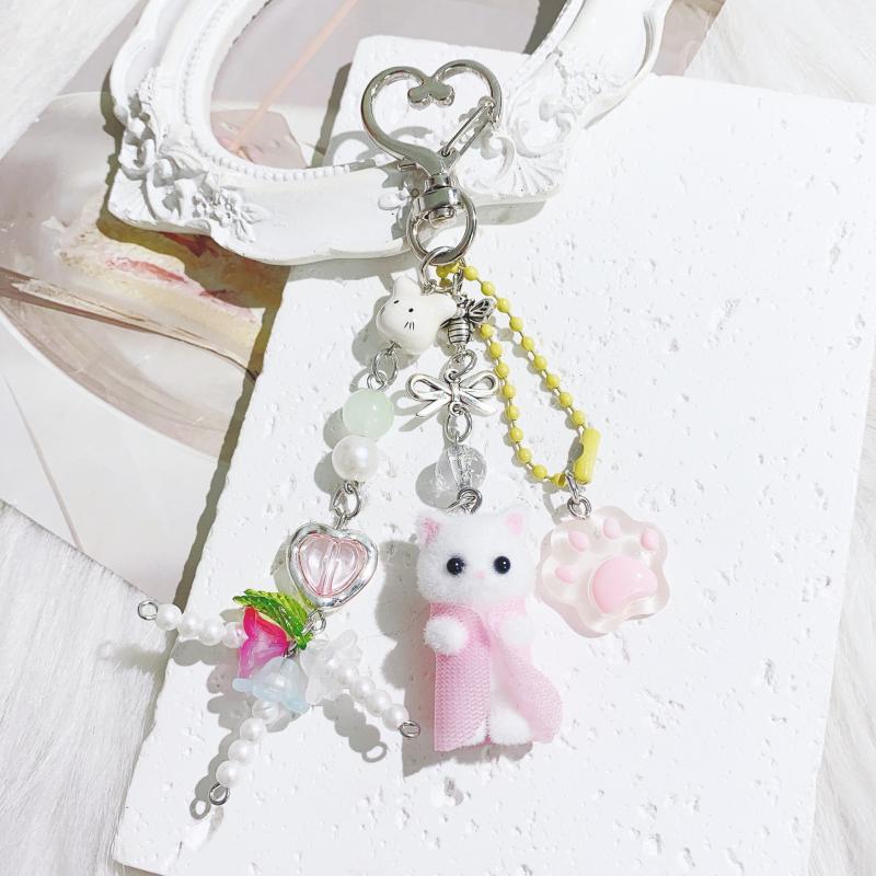 Cute Cartoon Flocking Cat Dog Beaded Keychain Pendant Headphone Case Charm  Backpack Decoration Car Key Ring Gifts