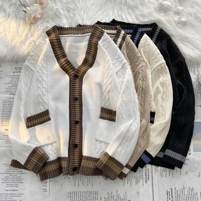 Fall Winter Unisex Sweater Cardigan with Pockets V Neck Knit Color Matching Japanese Style Thick Elastic Long Sleeves Slim Fit
