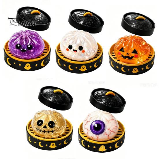 Spooky Halloween Decor Decompression Toy, with Glitter Squishy Dumpling Pumpkin/Eyeball/Ghost Shape, Funny Expression Toys Stress Relief Sensory