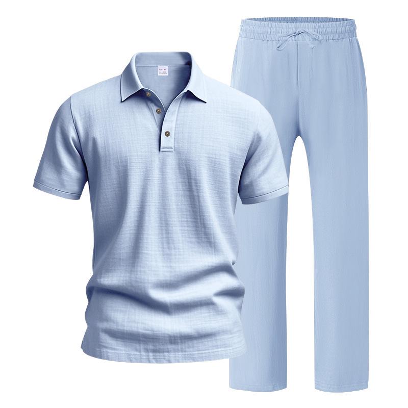 European Men's Casual Linen Short-Sleeve Shirt & Long Pants Set - Breathable Cotton Blend Two-Piece
