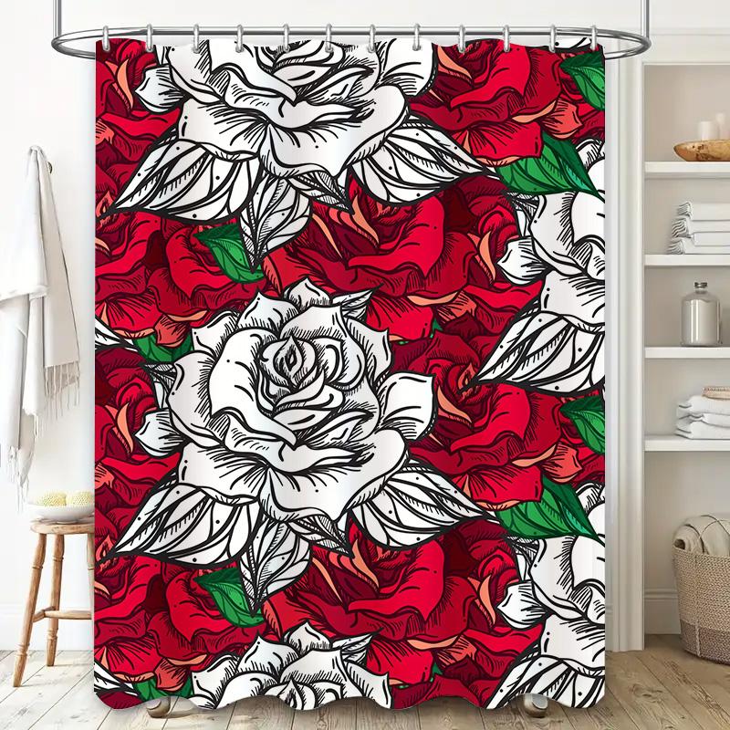 Vintage Red White Rose Print Shower Curtain Romantic Bath Decor for Girls Waterproof Fabric Quick-Dry Polyester Ideal Gift (60x7
