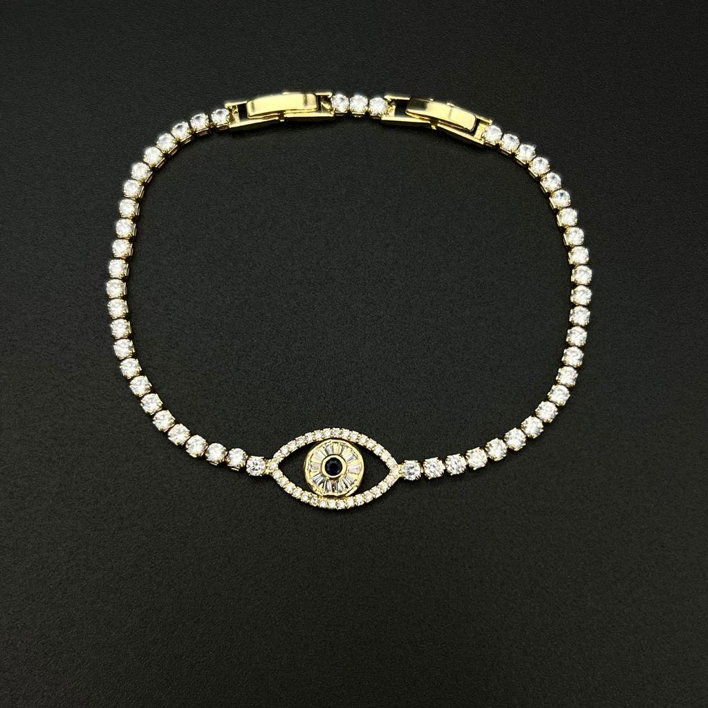 Dámský modrý náramek Hip Hop s čirými zirkony a symbolem zlého oka - Elegantní diamantové šperky